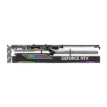 Pny geforce rtx graphics card with black shroud and rainbow rgb accents.