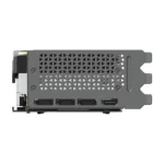 Side view of a graphics card with a perforated cooling shroud and four displayport outputs on the back panel.