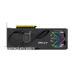 Pny geforce rtx 5070 ti graphics card seen from the side, showing the pcie edge connector and a colorful right-side logo.