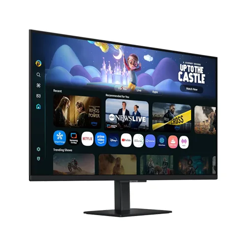 Samsung m5 ls32fm500ewxxl 32 inch smart monitor Curved widescreen monitor on a stand displaying a streaming app dashboard with rows of movie thumbnails and side icons.