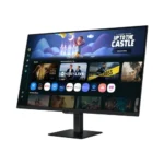 Wide computer monitor on a stand displaying a streaming home screen with rows of shows and app icons.