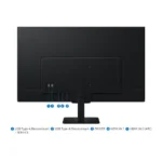 Back view of a monitor on a stand showing ports: usb type-a downstream, usb type-a downstream, power, hdmi in 1, hdmi in 2 (arc). Port labels with numbered callouts are visible beneath the ports.