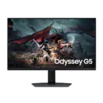 Odyssey g5 gaming monitor on a stand, displaying a dragon battle scene from a video game on the screen.