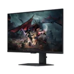 Curved gaming monitor on a stand displaying a dragon battle scene in a dark medieval city.