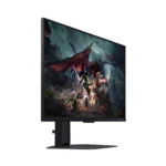 Monitor on a stand displaying a fantasy action game featuring a dragon and armored knight in a dark battlefield scene.