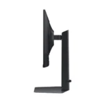 Side view of a black computer monitor mounted on a slim adjustable stand.