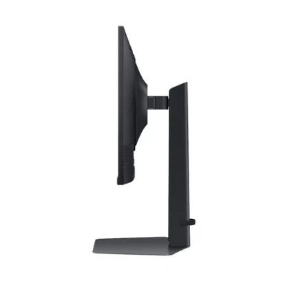 Side view of a black computer monitor mounted on a slim adjustable stand.
