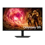 Odyssey g5 gaming monitor on a stand displaying a sci‑fi scene of astronauts approaching a glowing portal.