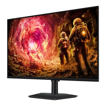 Curved computer monitor on a stand displaying two astronauts approaching a glowing portal in a fiery landscape.