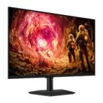 Curved computer monitor on a stand showing two astronauts near a fiery swirling portal.