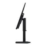 Side view of a slim black computer monitor mounted on an adjustable stand.