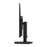 Side view of a black flat-screen computer monitor on a height-adjustable stand with a wide base.