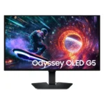 Odyssey oled g5 gaming monitor on a stand displaying a neon sci-fi action scene with a rider on a hoverboard in a portal-sized swirl.