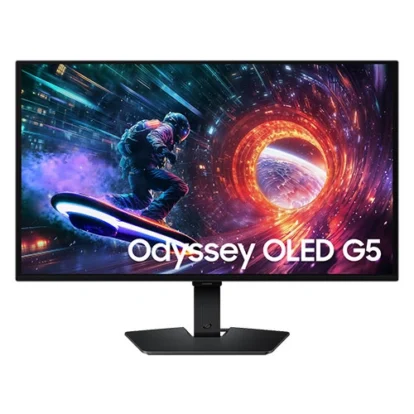 Samsung odyssey oled g5 ls27fg502swxxl 27 inch monitor Odyssey oled g5 gaming monitor on a stand displaying a neon sci-fi action scene with a rider on a hoverboard in a portal-sized swirl.