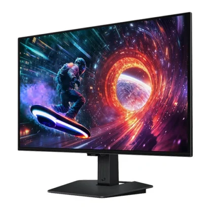 Black widescreen monitor on a stand displaying vibrant space-themed artwork with a rider on a hoverboard in a tunnel cycle of neon colors.