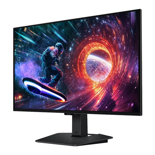Samsung odyssey oled g5 ls27fg502swxxl 27 inch monitor Monitor on a stand displaying a vibrant neon space scene with a person riding a futuristic hoverboard through a glowing portal.