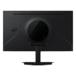Rear view of a black computer monitor mounted on a stand, showing the circular tilt joint and port area on the back panel