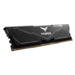 T-force vulcan ddr5 desktop ram module with a black angular heatsink and gold edge connectors.