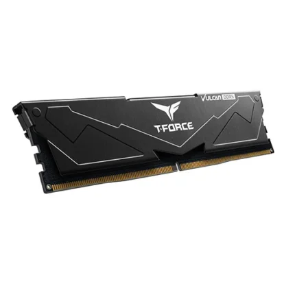 T-force vulcan ddr5 desktop ram module with a black angular heatsink and gold edge connectors.