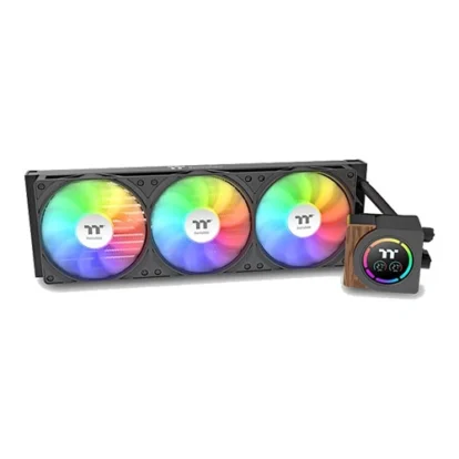 RGB-enabled all-in-one liquid cooler with a black radiator and three 120mm fans, plus a matching RGB CPU block/pump unit.
