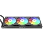Triple rgb-lit fans mounted on a black radiator, part of a liquid cpu cooling system (left-side cable visible).