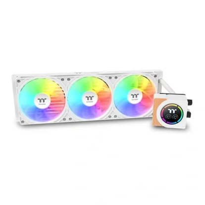 White triple-fan RGB liquid CPU cooler with a large radiator and a square RGB pump block on the right