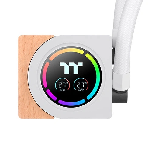 Thermaltake lb360-s argb 360mm white cpu liquid cooler with lcd display Close-up of a thermaltake cpu liquid cooler block with rgb ring and dual temperature readouts (27°c) and white tubing attached to the side