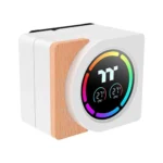 Compact white computer accessory with a circular rainbow rgb display and a wooden mounting bracket attached to its side, set against a plain white background.
