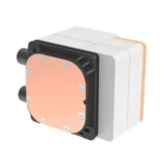 Copper cooling block with a copper top plate and two side ports attached to a white insulating housing, used for liquid cooling of electronics.