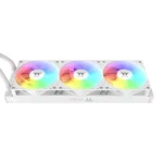 White all-in-one cpu liquid cooler with three rgb fans and a radiator, thermaltake-branded fans visible on the unit.